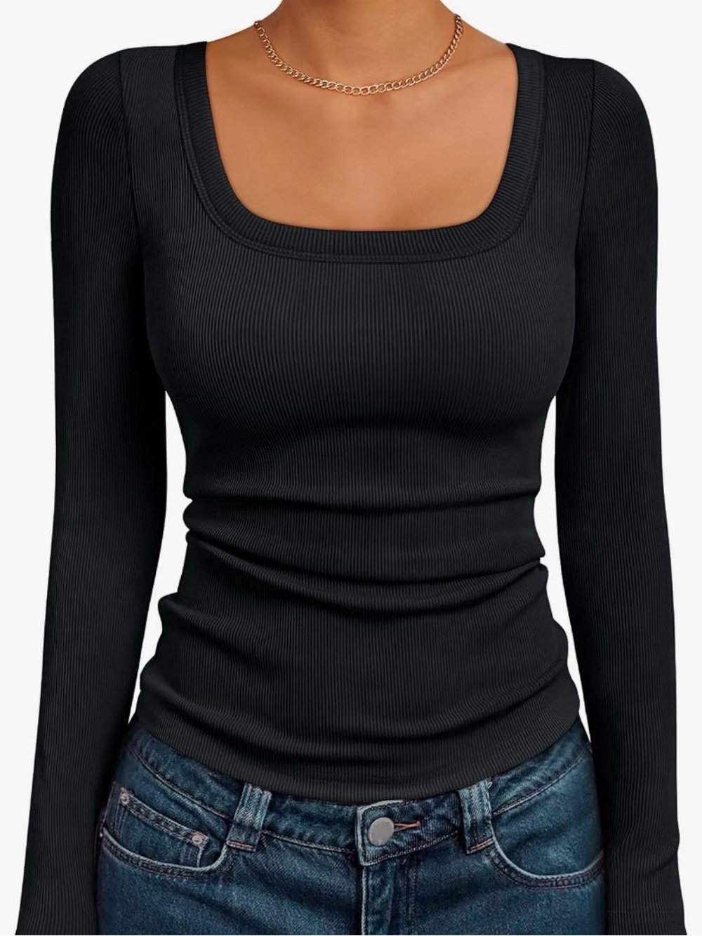 AUTOMET Women's Ribbed Knit Square Neck Long Sleeve Top 2 XL